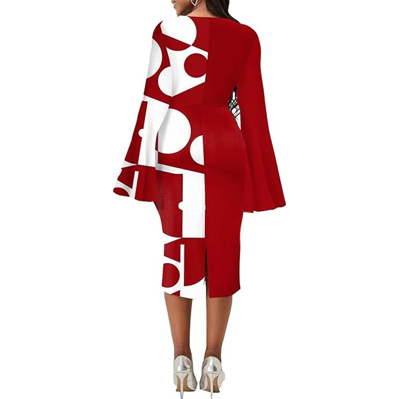 Women Geometric Bodycon Midi Dress Long Flared Sleeve Crewneck