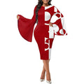 Women Geometric Bodycon Midi Dress Long Flared Sleeve Crewneck