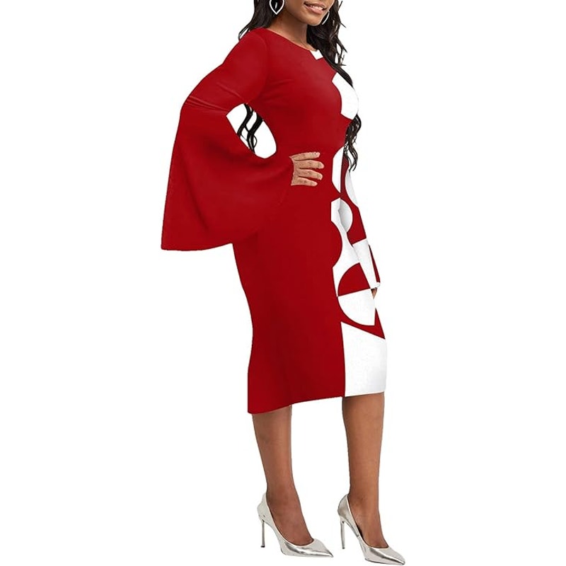 Women Geometric Bodycon Midi Dress Long Flared Sleeve Crewneck