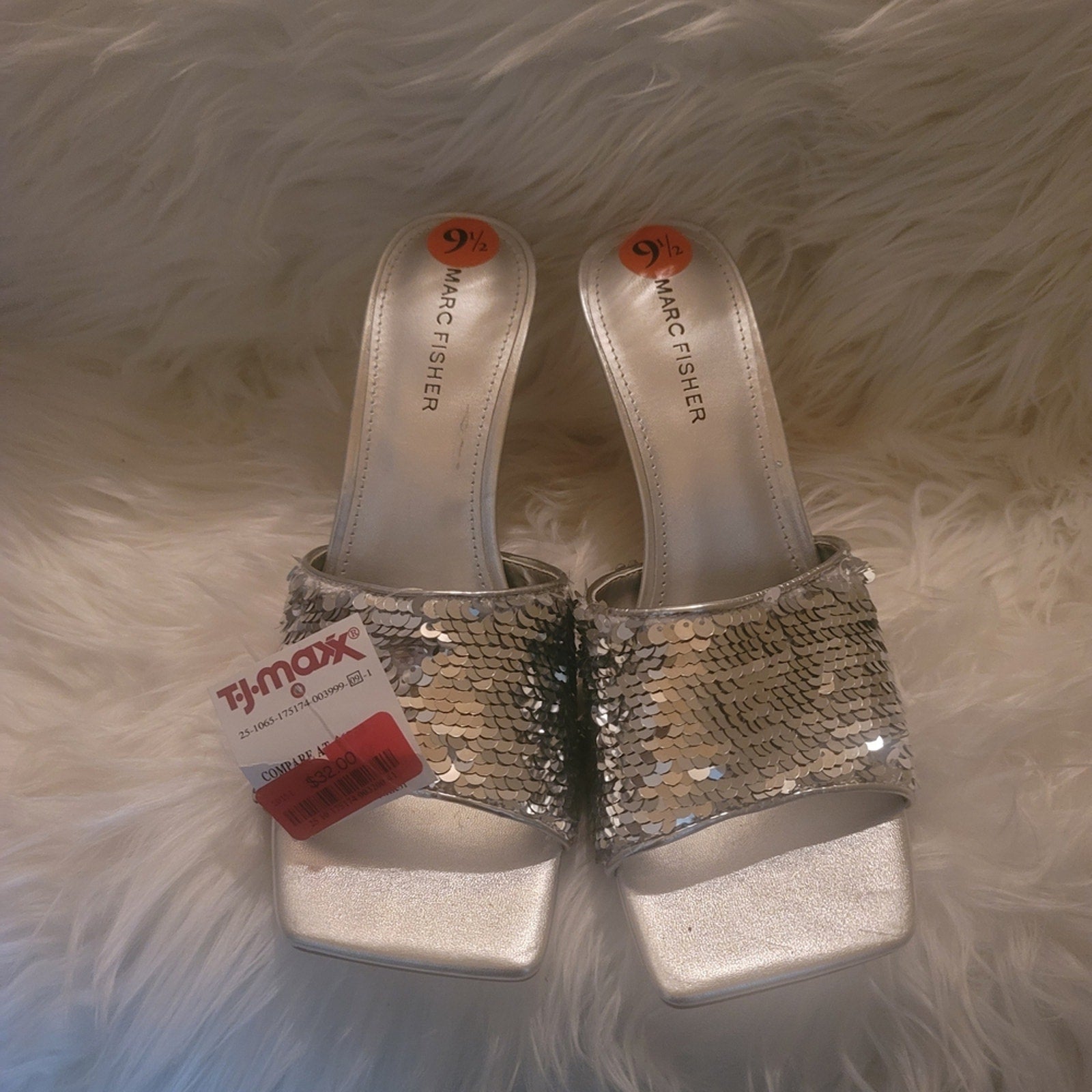 Marc Fisher Glittering Silver Sequin Mules