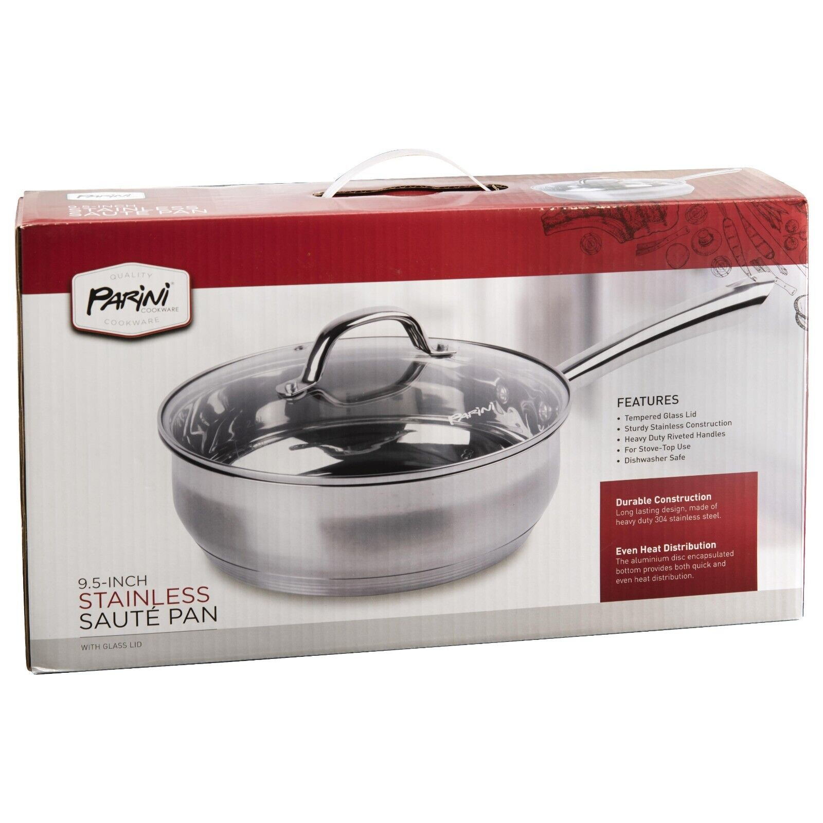Parini 9.5-Inch Stainless Saute Pan With Tempered Glass Lid